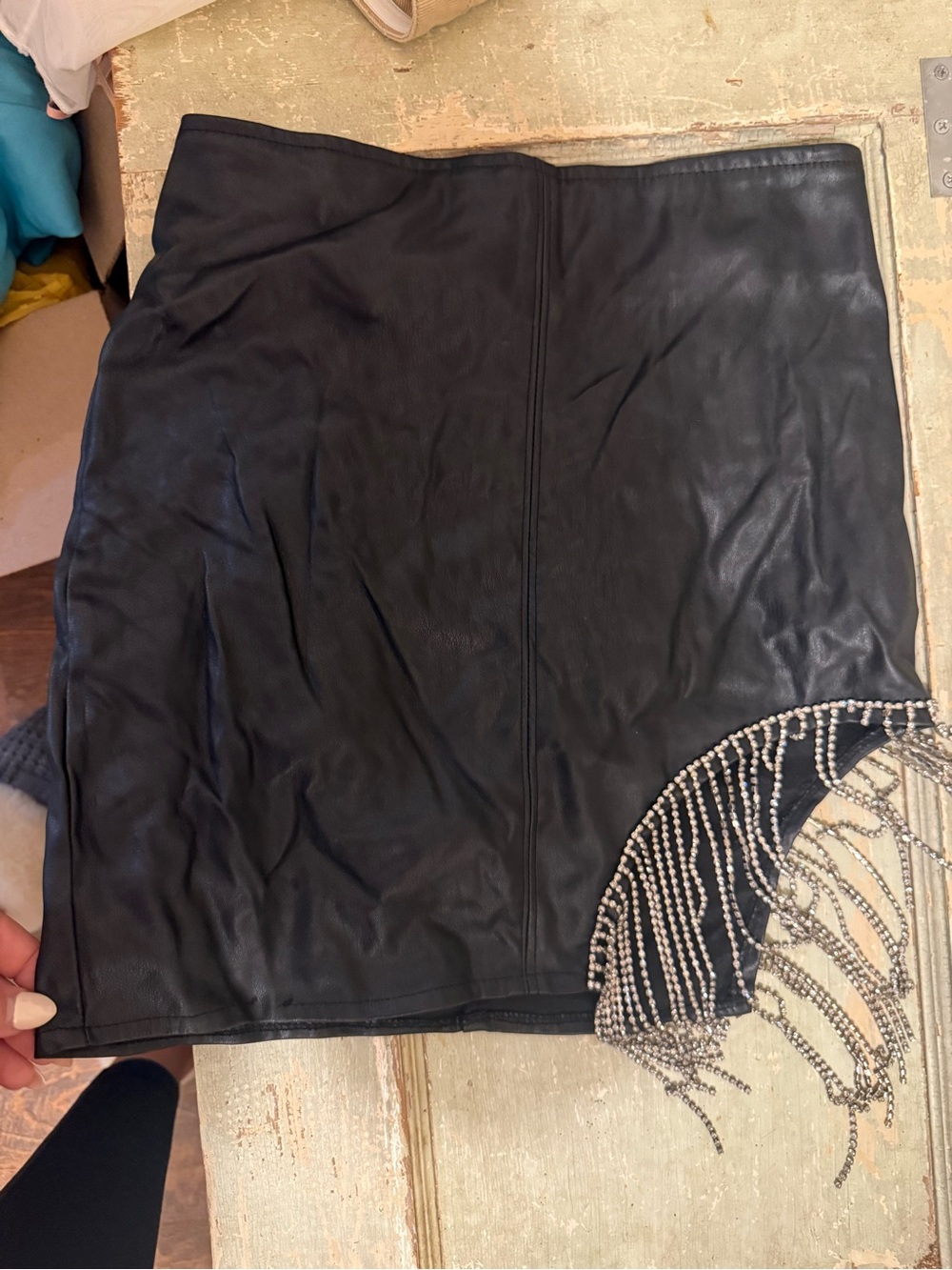 Say What? Black Faux Leather Rhinestone Fringe Mini Skirt Size S